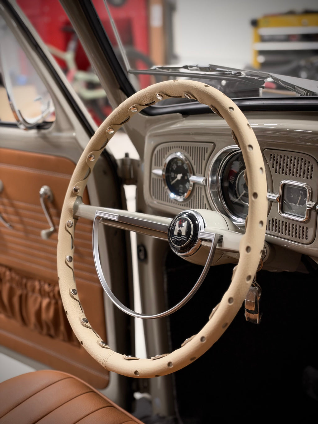 Leather Steering Wheel Cover Ivory VW Type 1 Bug (1961-1973)